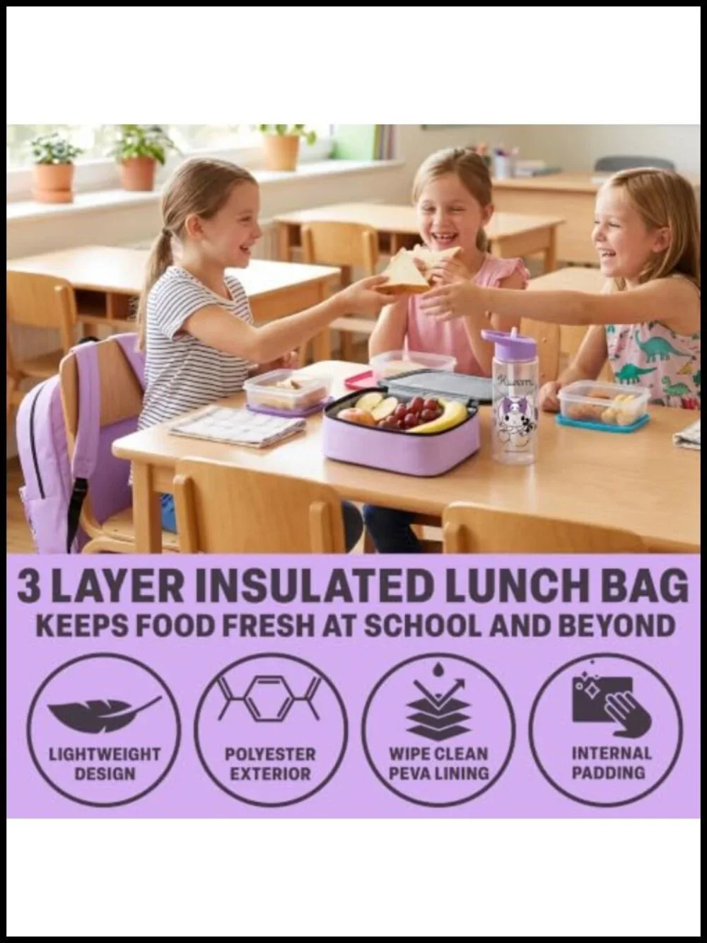 Kuromi Girls Backpack Set 4 Piece - Lunch Bag Pencil Case Water Bottle Sanrio